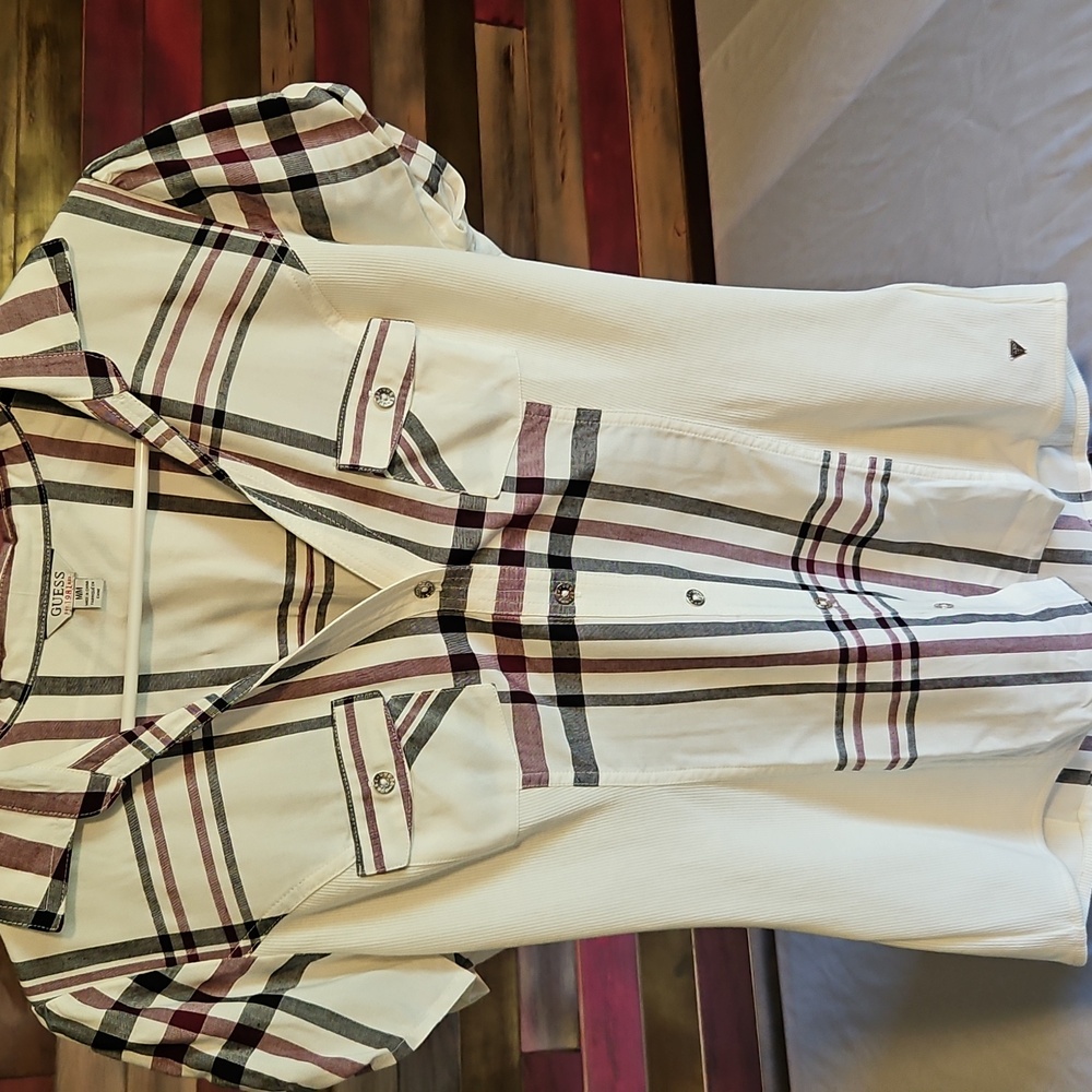 Guess Plaid Ribbed Blouse